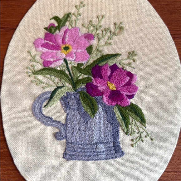 Floral Embroidered handmade crewel Oval Canvas Unframed vintage retro decor - Picture 5 of 6